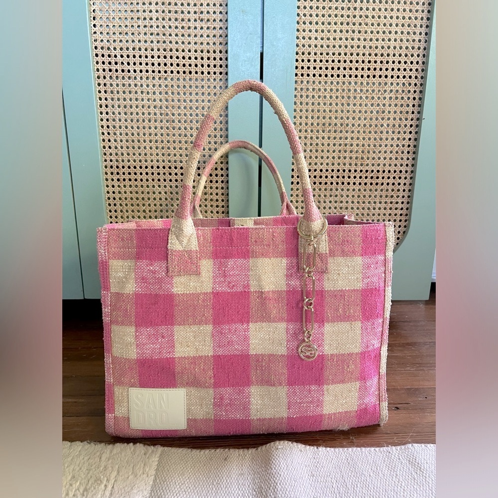 Sandro Paris Large Pink Cream Kasbah Tan Gold Check Gingham Tote Bag EUC $450